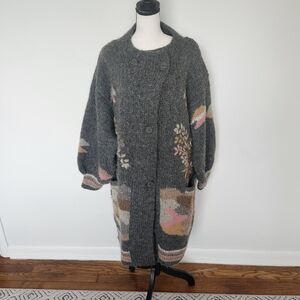 Vintage 80's Long Wool Cardigan Jacket Sweater Scenic Tree Heavy Chunky